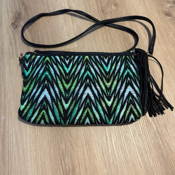 TOPSHOP Woven Chevron Raffia Bag – Green/Blue/Black – Faux Leather Tassel - Picture 1 of 6
